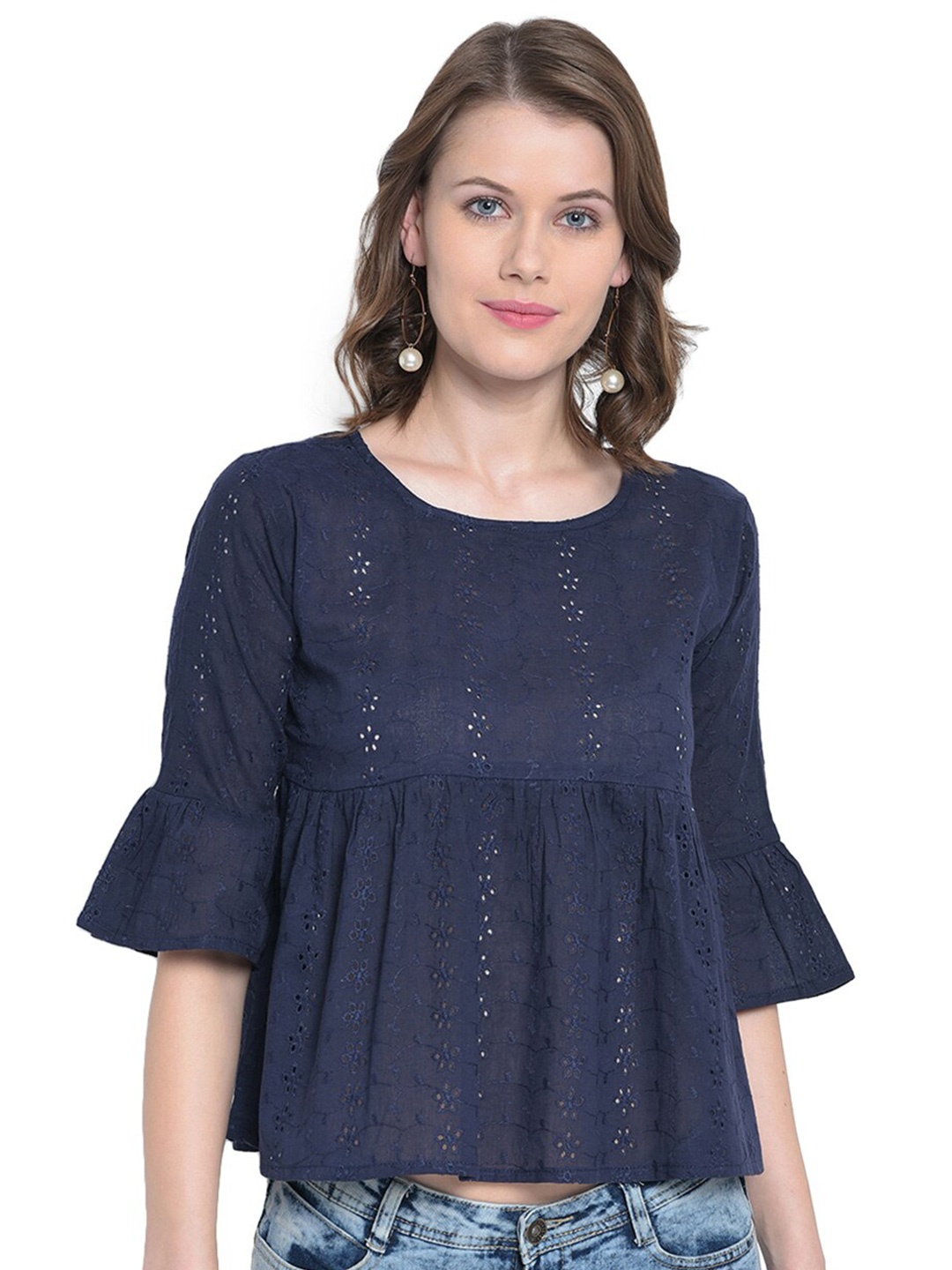 

Mayra Navy Blue Self Design Cinched Waist Top