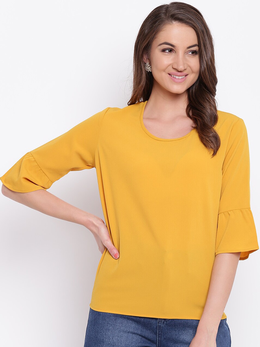 

Mayra Yellow Solid Bell Sleeve Regular Top