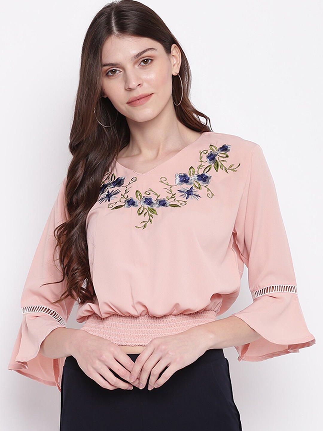 

Mayra Pink & Navy Blue Floral Embroidered Blouson Top
