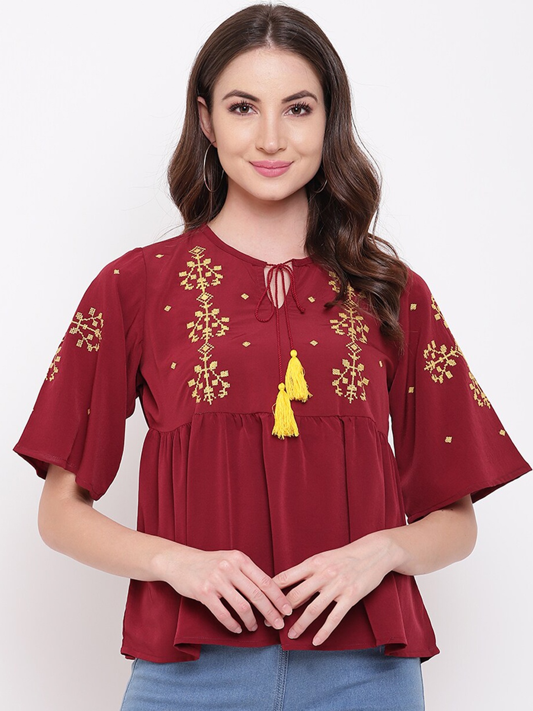 

Mayra Maroon Tie-Up Neck A-Line Top