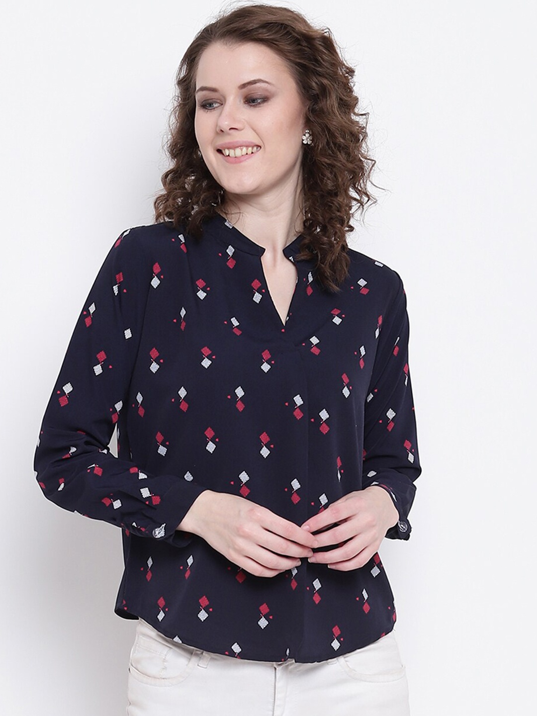 

Mayra Navy Blue Geometric Mandarin Collar Shirt Style Top