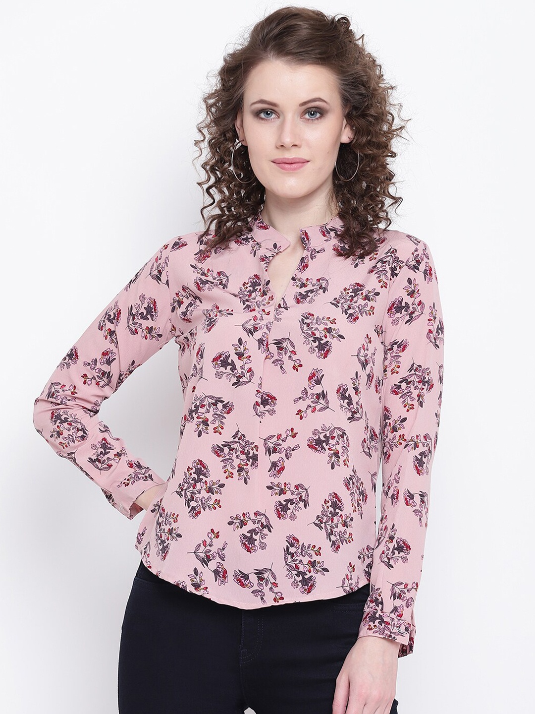 

Mayra Pink Floral Printed Mandarin Collar Shirt Style Top