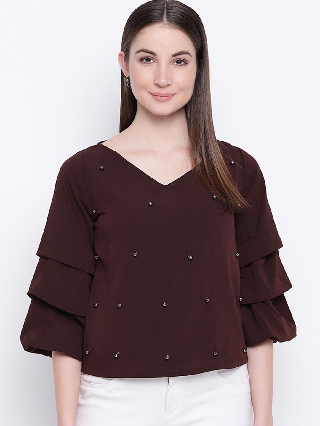 

Mayra Coffee Brown Embellished Regular Top