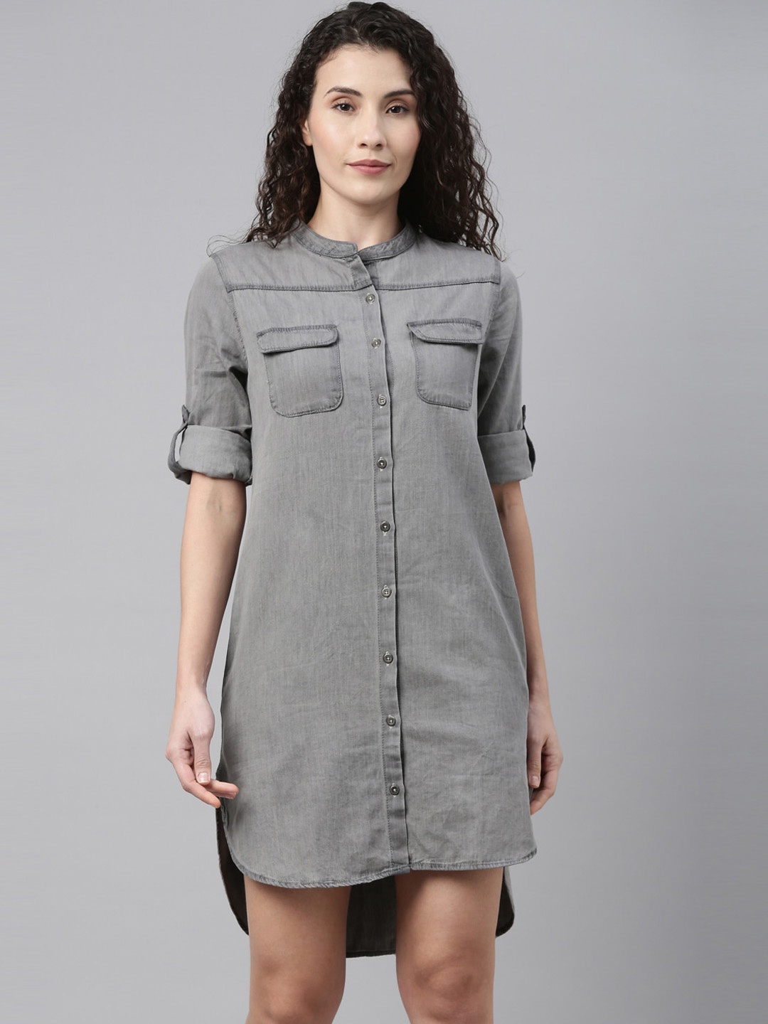 

Enviously Young Grey Denim Shirt High-Low Dress