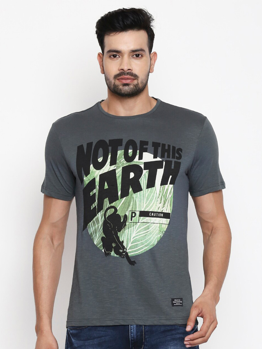 

People Men Grey & Green Typography Printed T-shirt
