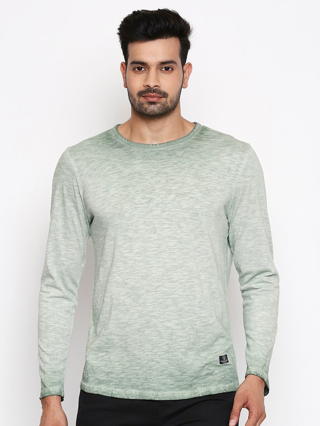 

People Men Green Long Sleeves Cotton T-shirt