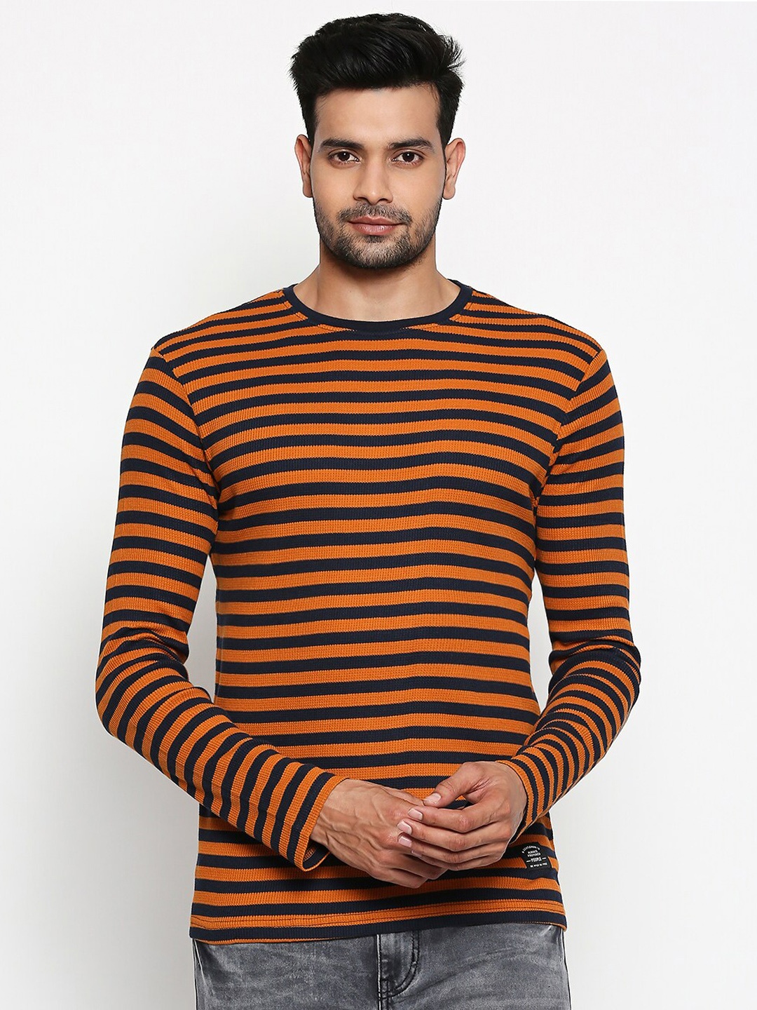 

People Men Yellow Striped Pure Cotton T-shirt