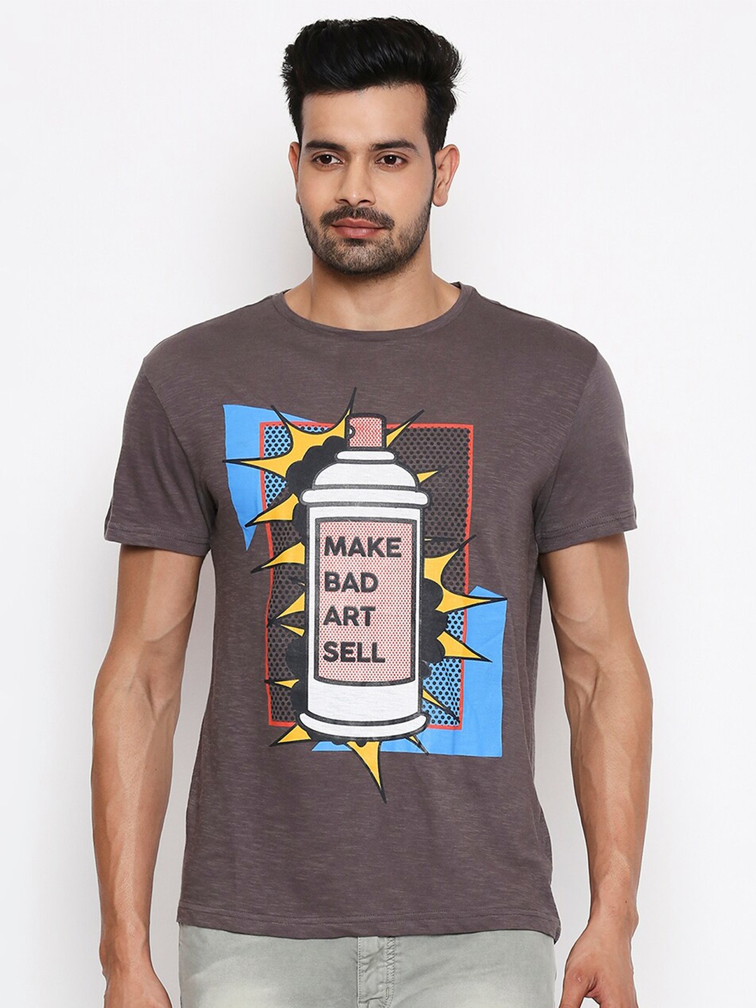 

People Men Brown Blue Typography Printed Pure Cotton T-shirt