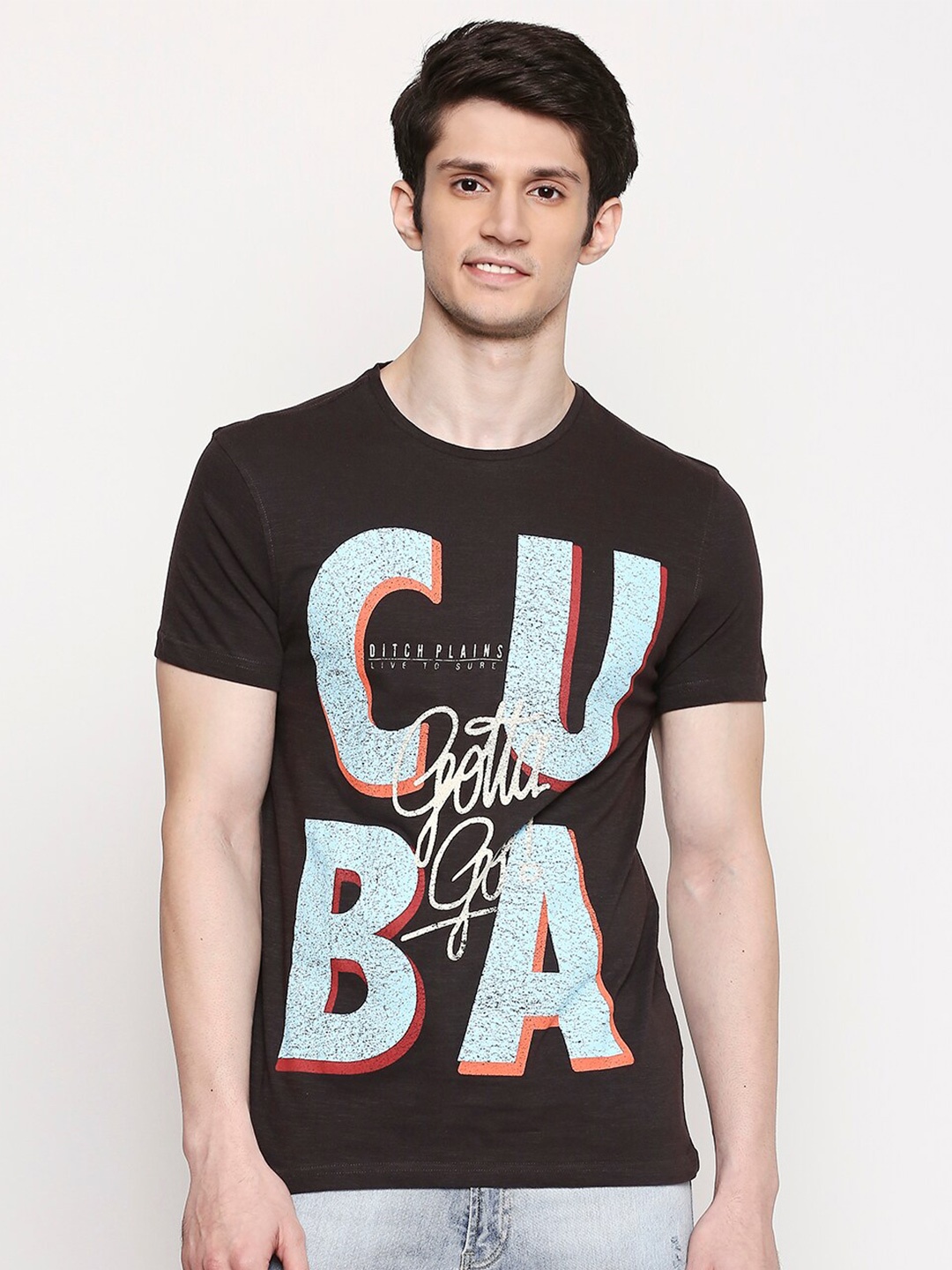 

People Men Brown & Blue Typography Printed Cotton T-shirt