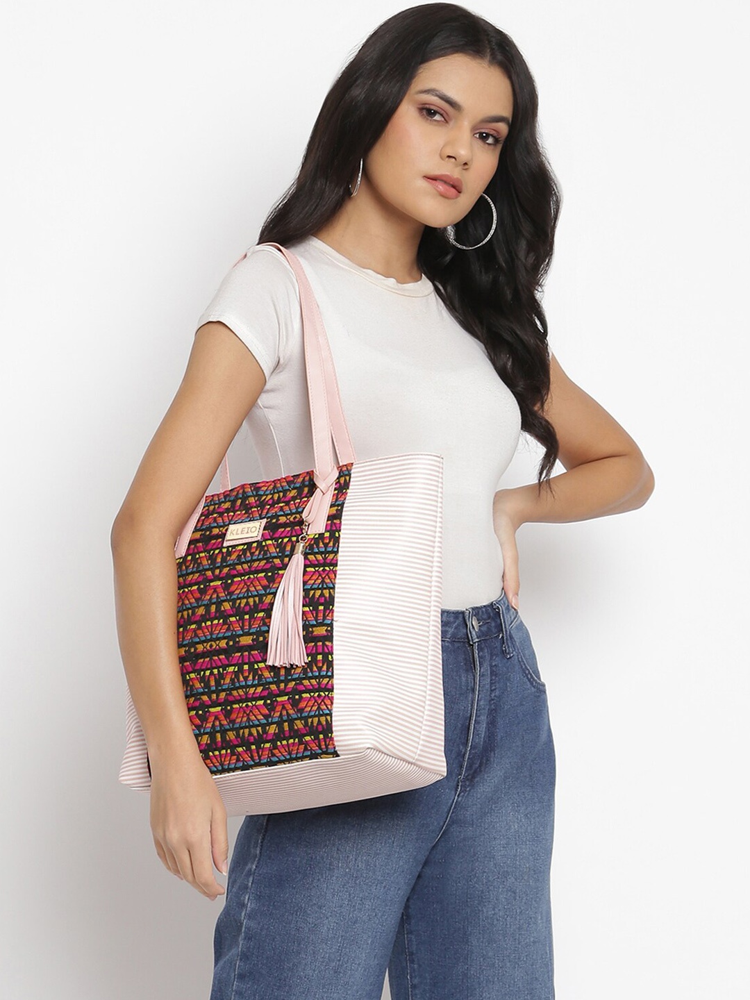 

KLEIO Jacquard & PU Oversized Shoulder Tote Bag, Pink