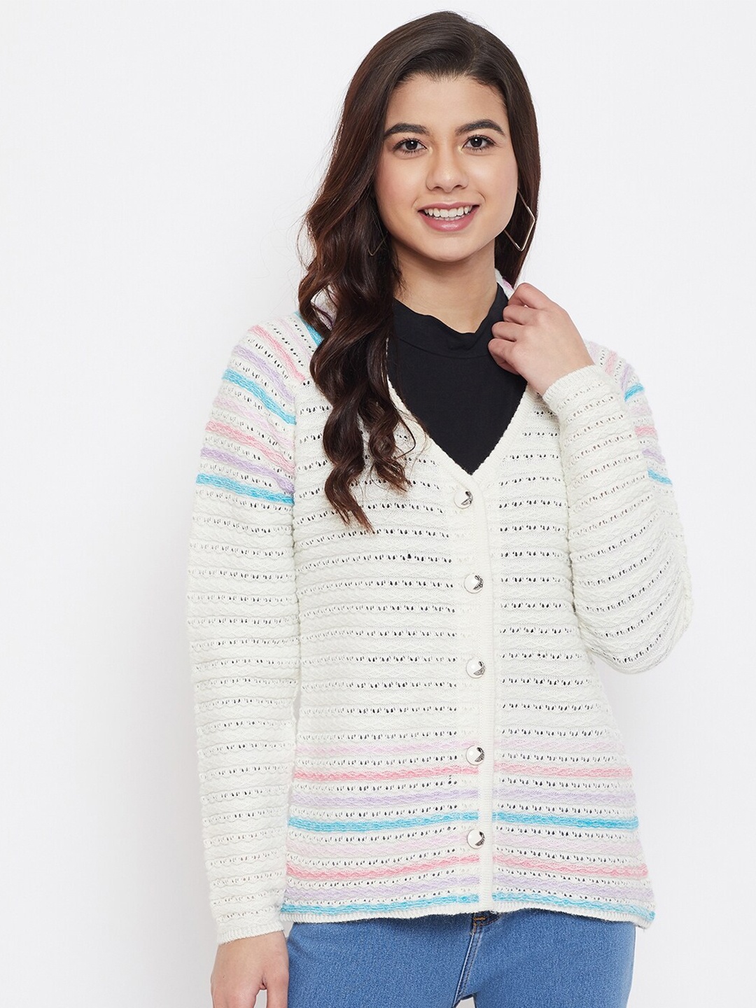 

Zigo Women Off White & Blue Open Knit Cardigan