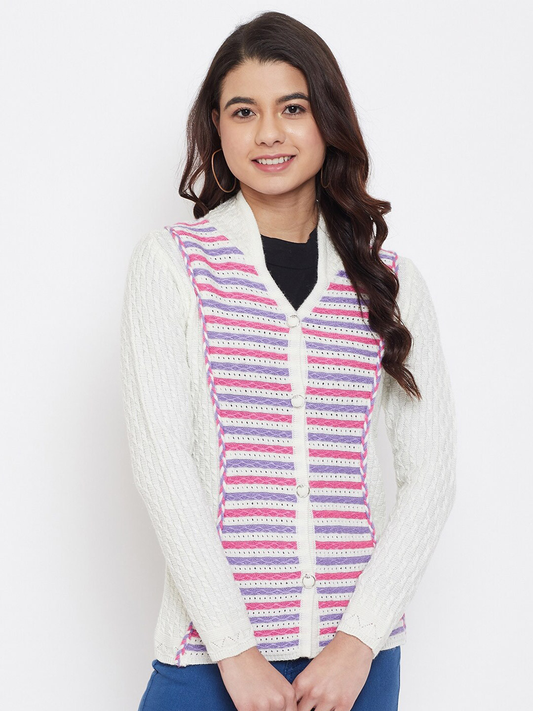 

Zigo Women White & Purple Open Knit Cardigan
