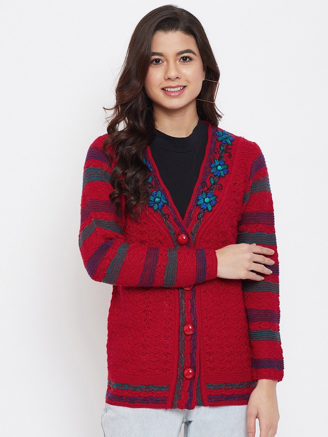 

Zigo Women Red & Blue Open Knit Cardigan with Embellished Detail