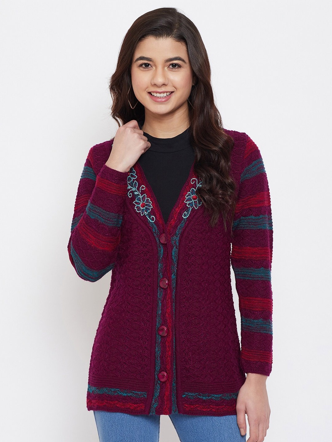 

Zigo Women Maroon & Blue Open Knit Cardigan