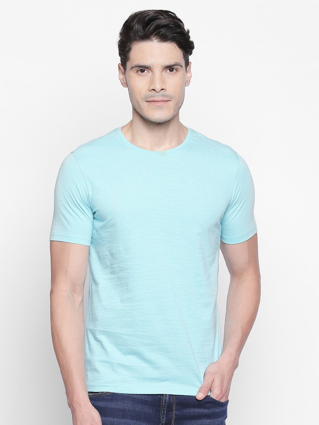 

BYFORD by Pantaloons Men Blue Striped Pure Cotton Slim Fit Pure Cotton T-shirt