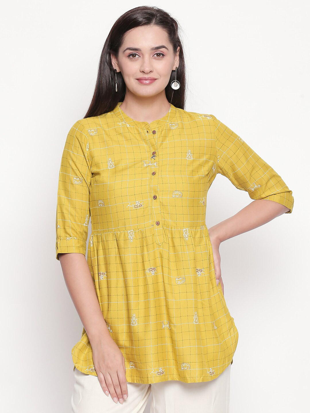 

AKKRITI BY PANTALOONS Women Yellow Checked Mandarin Collar Tunic