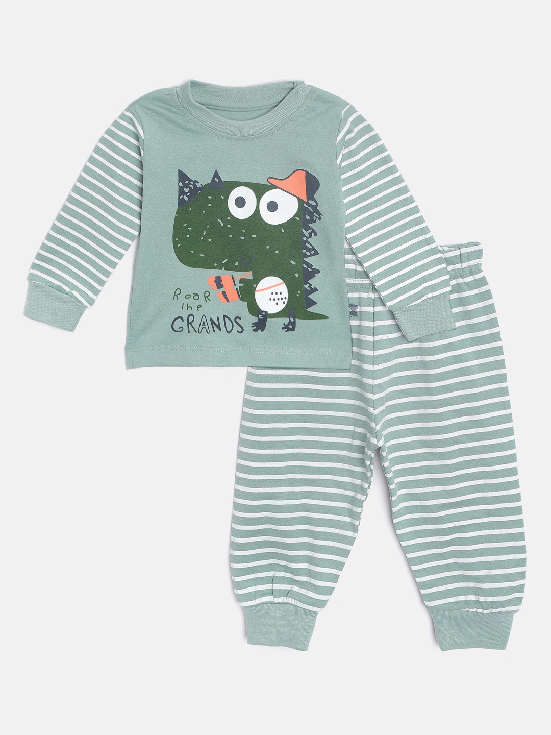 

TINYO Infant Boys Green & White Cotton Conversational Print T-shirt with Pyjamas