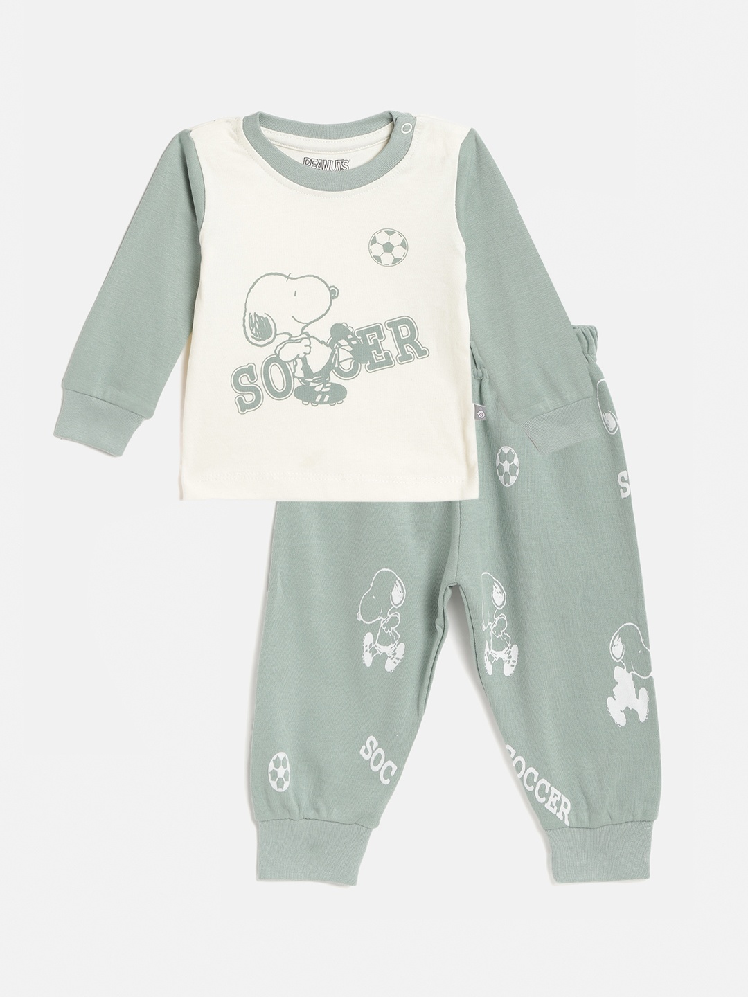 

TINYO Infant Boys Off White & Mint Green Snoopy Print Cotton T-shirt with Joggers