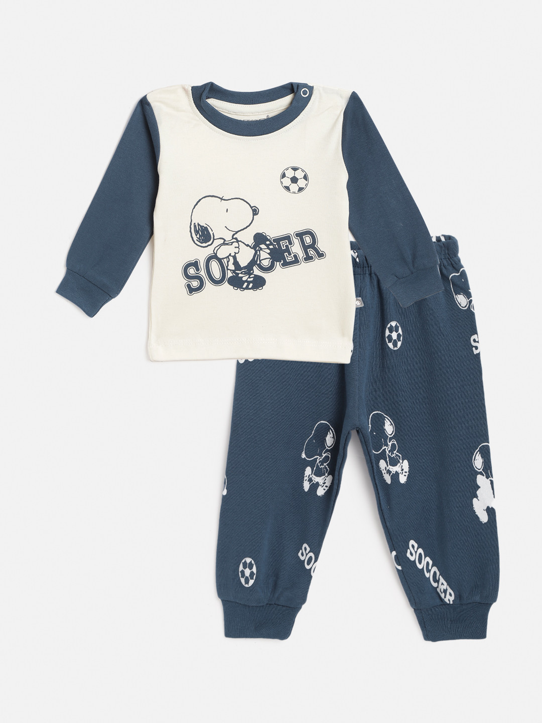 

TINYO Infant Boys Off White & Navy Blue Snoopy Print Cotton T-shirt with Joggers