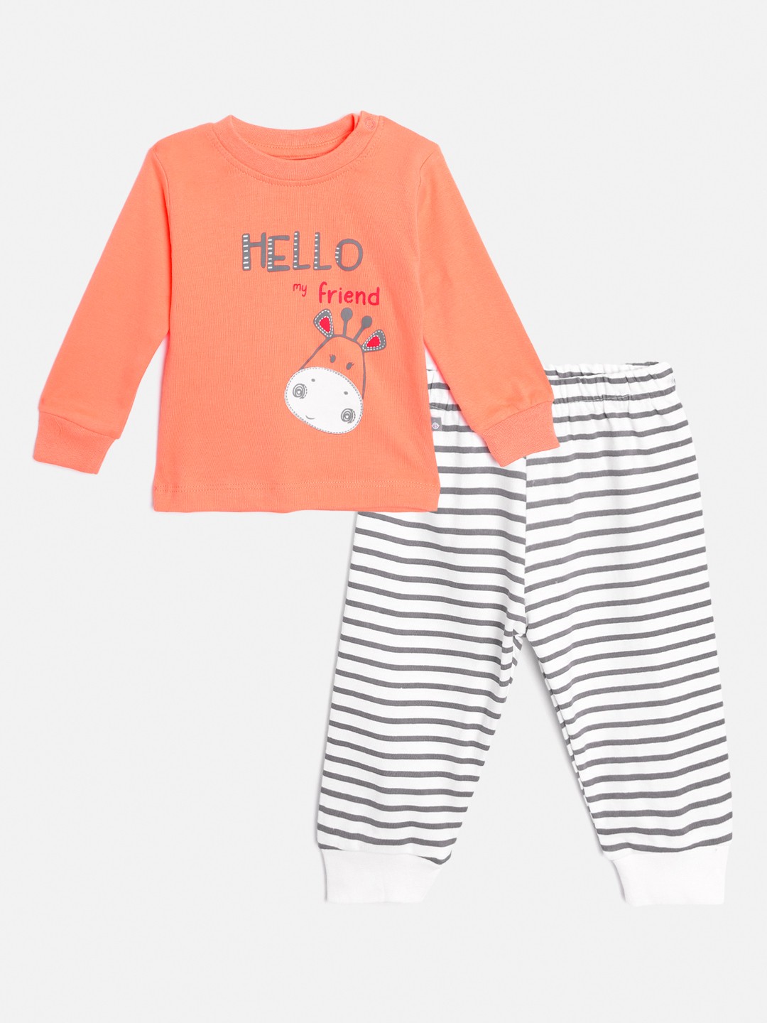 

TINYO Infant Boys Coral Orange & White Pure Cotton Printed T-shirt with Pyjamas