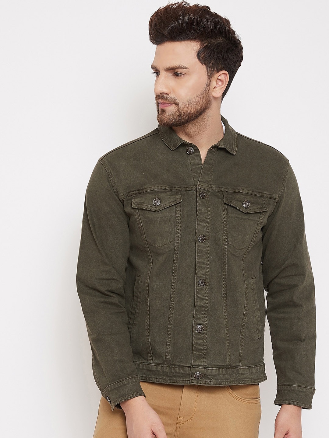 

Canary London Men Olive Green Cotton Denim Jacket