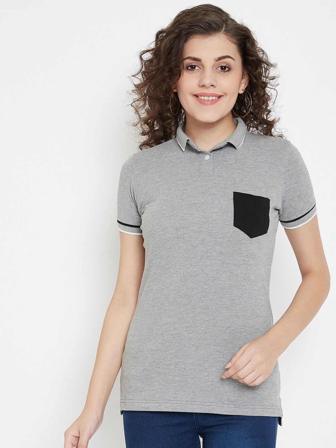 

JUMP USA Women Grey & Black Polo Collar Pockets T-shirt