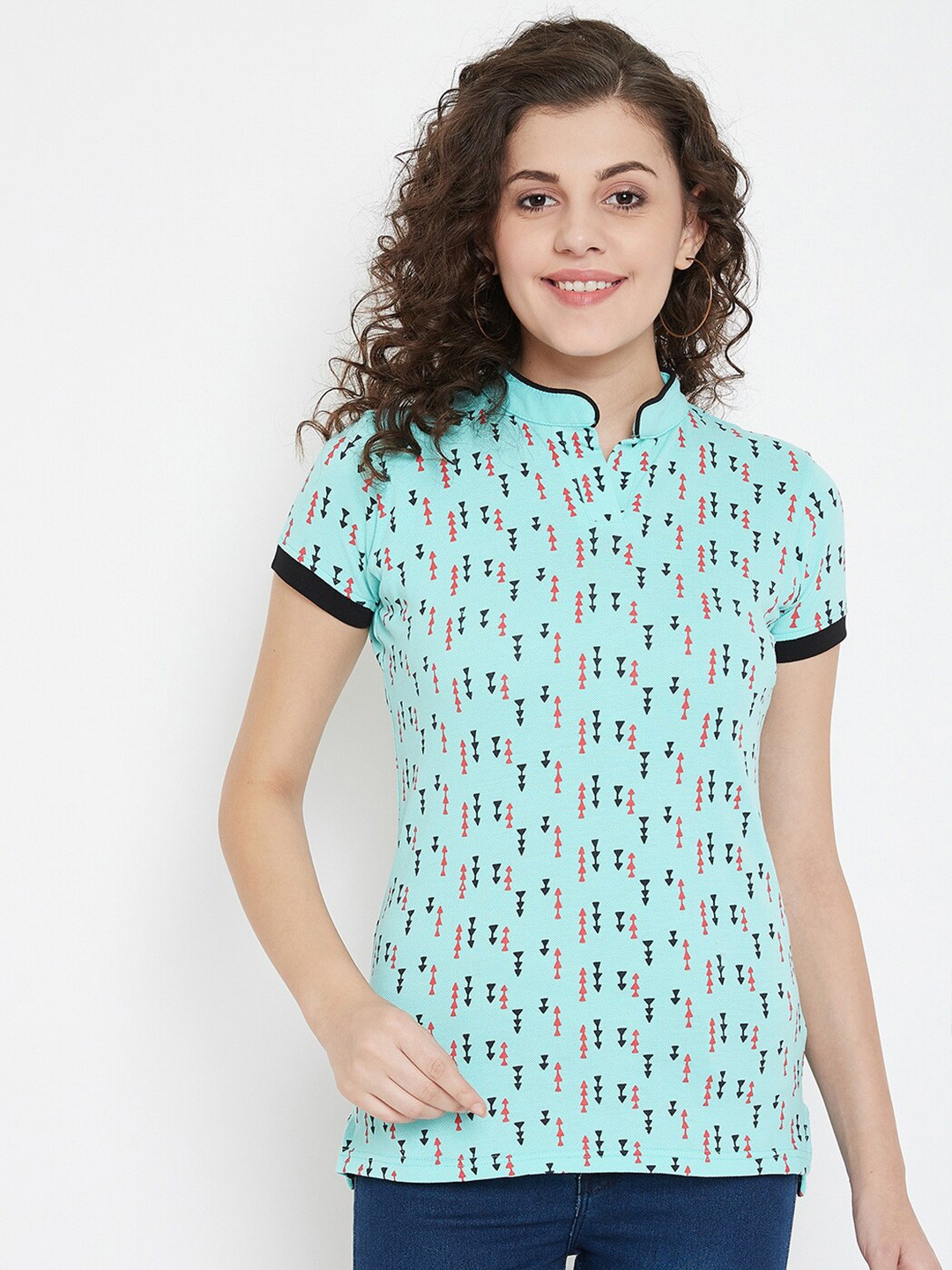 

JUMP USA Women Blue & Red Printed Mandarin Collar Slim Fit T-shirt