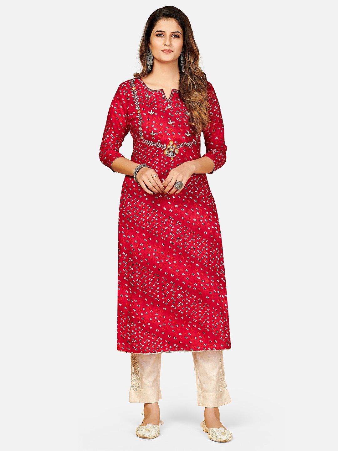 

Vbuyz Women Pink Bandhani Printed & Embroidered Kurta