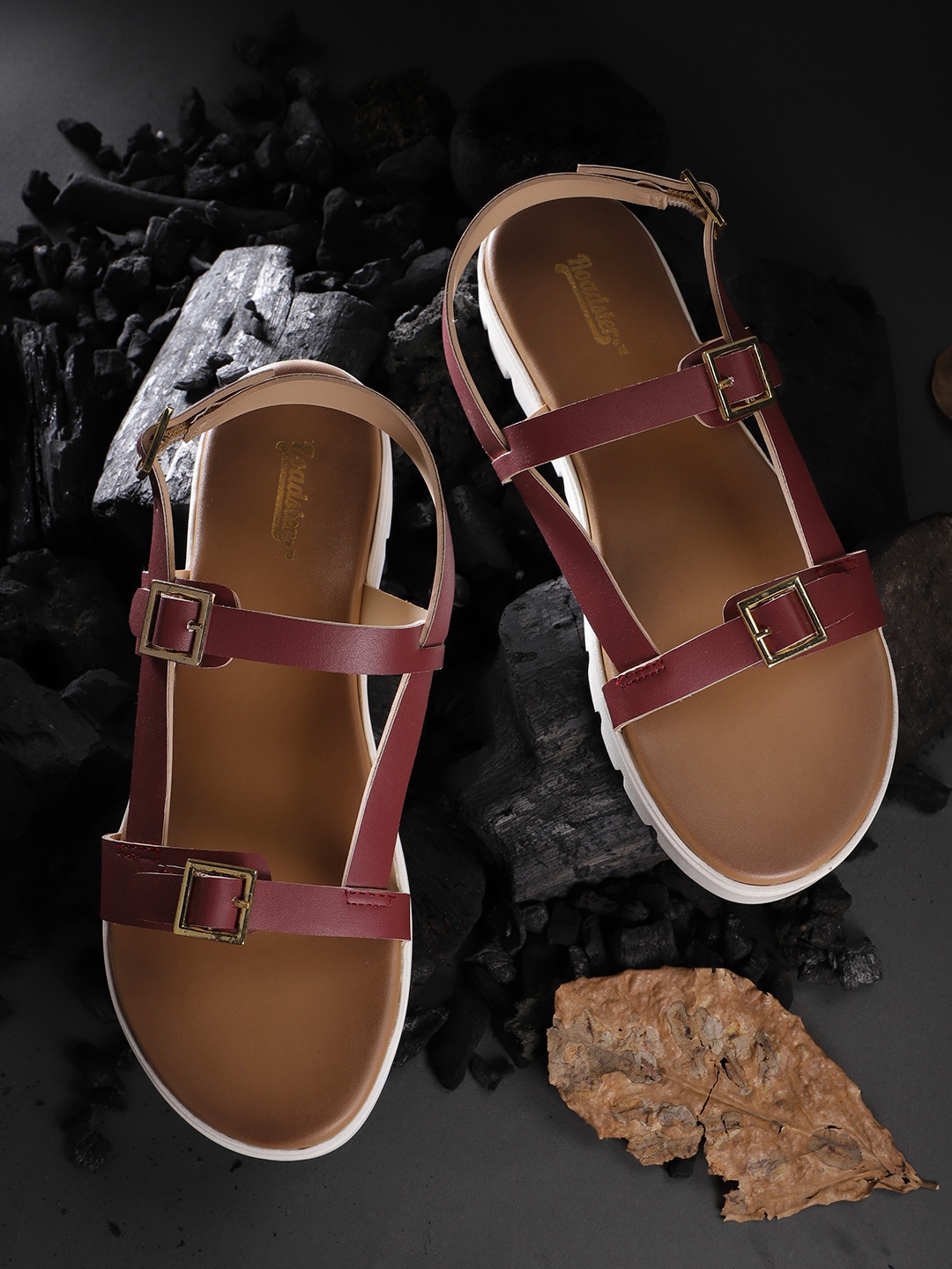 

The Roadster Lifestyle Co Women Maroon Solid Open Toe Flats with Buckle Detail