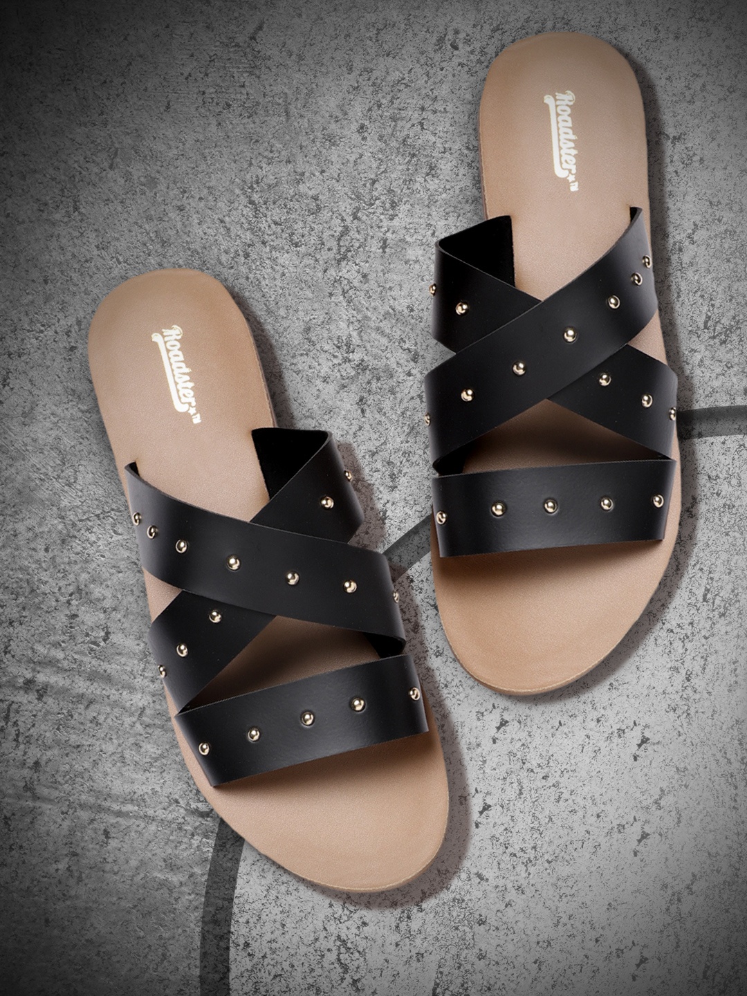 

The Roadster Lifestyle Co Women Black Studded Open Toe Flats