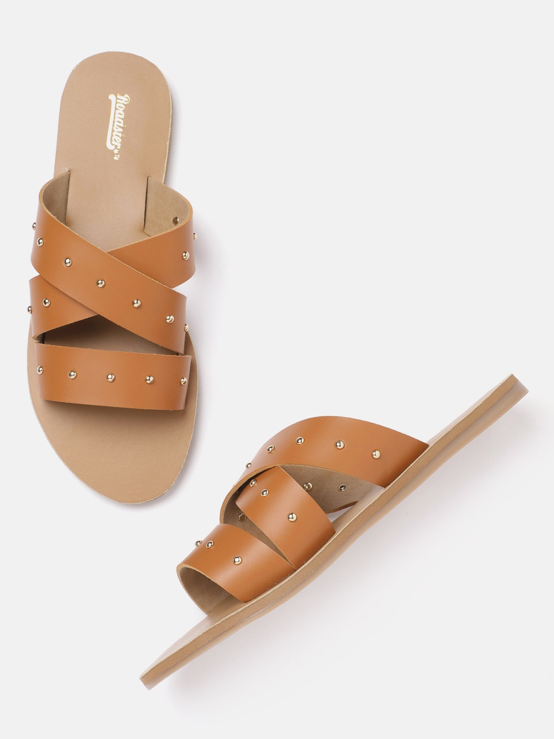 

The Roadster Lifestyle Co Women Tan Brown Studded Open Toe Flats