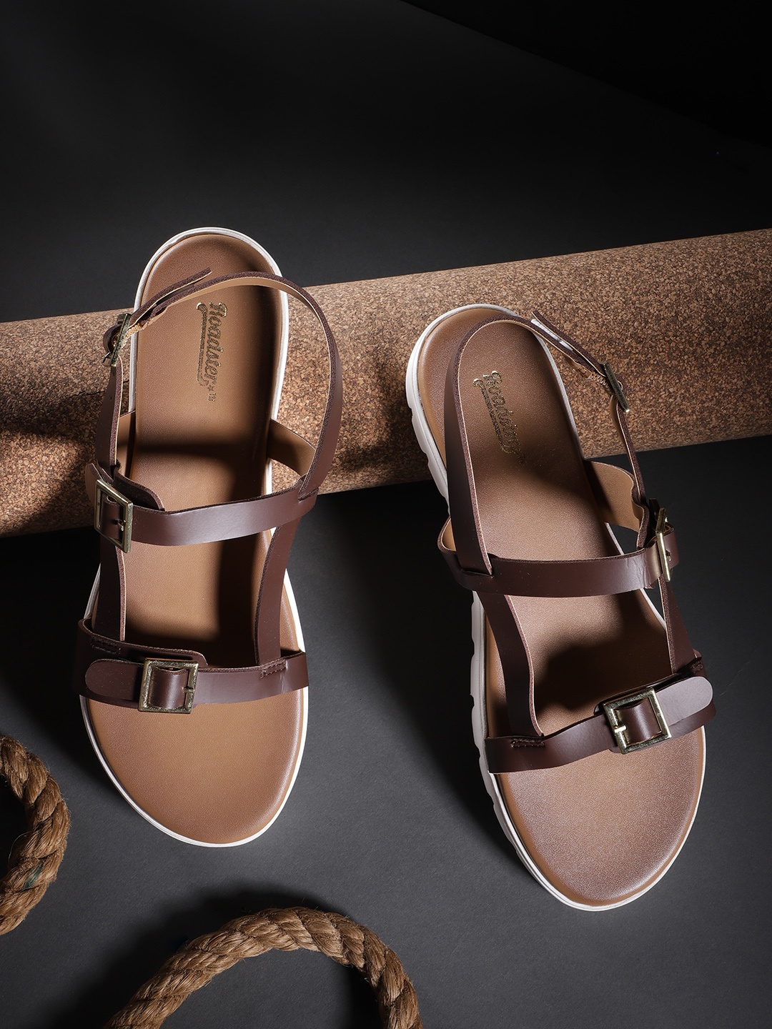 

The Roadster Lifestyle Co Women Coffee Brown Solid Open Toe Flats with Buckle Detail