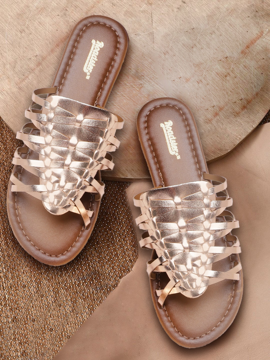 

The Roadster Lifestyle Co Women Rose Gold Toned Woven Design Open-Toe Flats