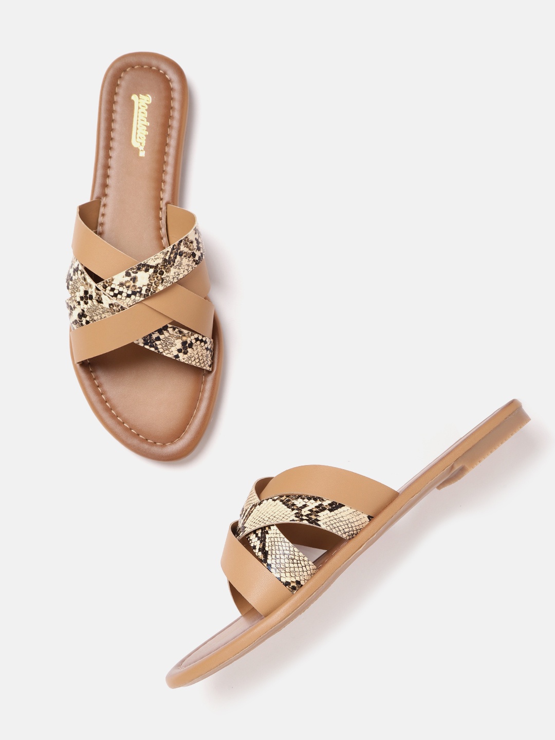 

The Roadster Lifestyle Co Women Beige & Cream-Coloured Snakeskin Print Open Toe Flats
