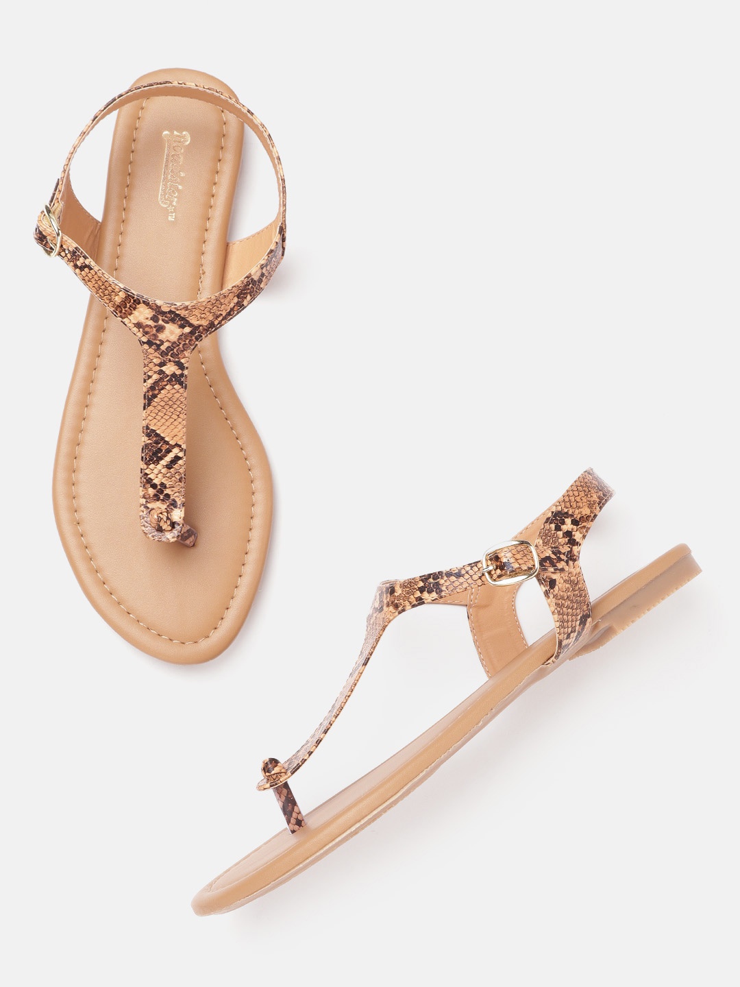 

The Roadster Lifestyle Co Women Brown & Beige Snakeskin Print T-Strap Flats