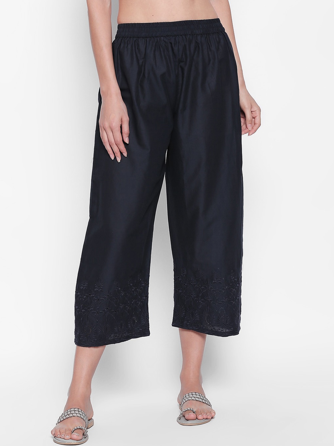 

RANGMANCH BY PANTALOONS Women Violet Floral Embroidered Cotton Culottes