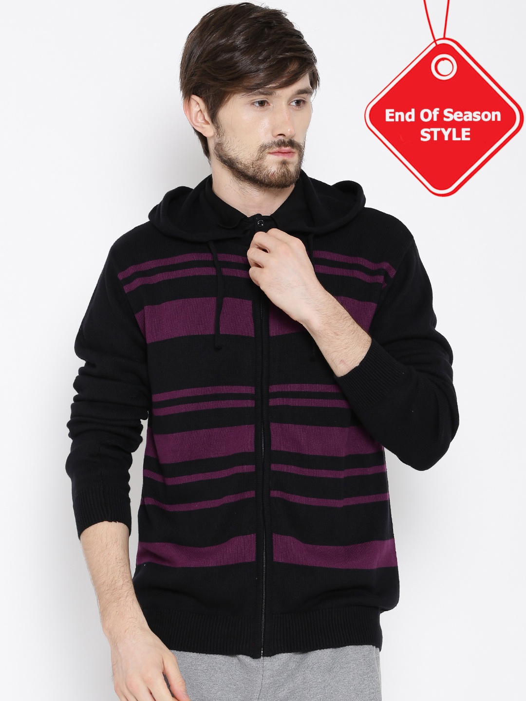 

PUMA Men Black Striped LS Hooded Cardigan