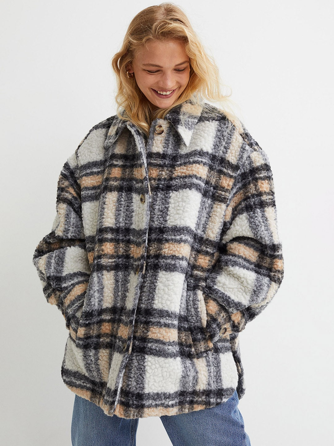 

H&M Woman Faux shearling shirt jacket, Black