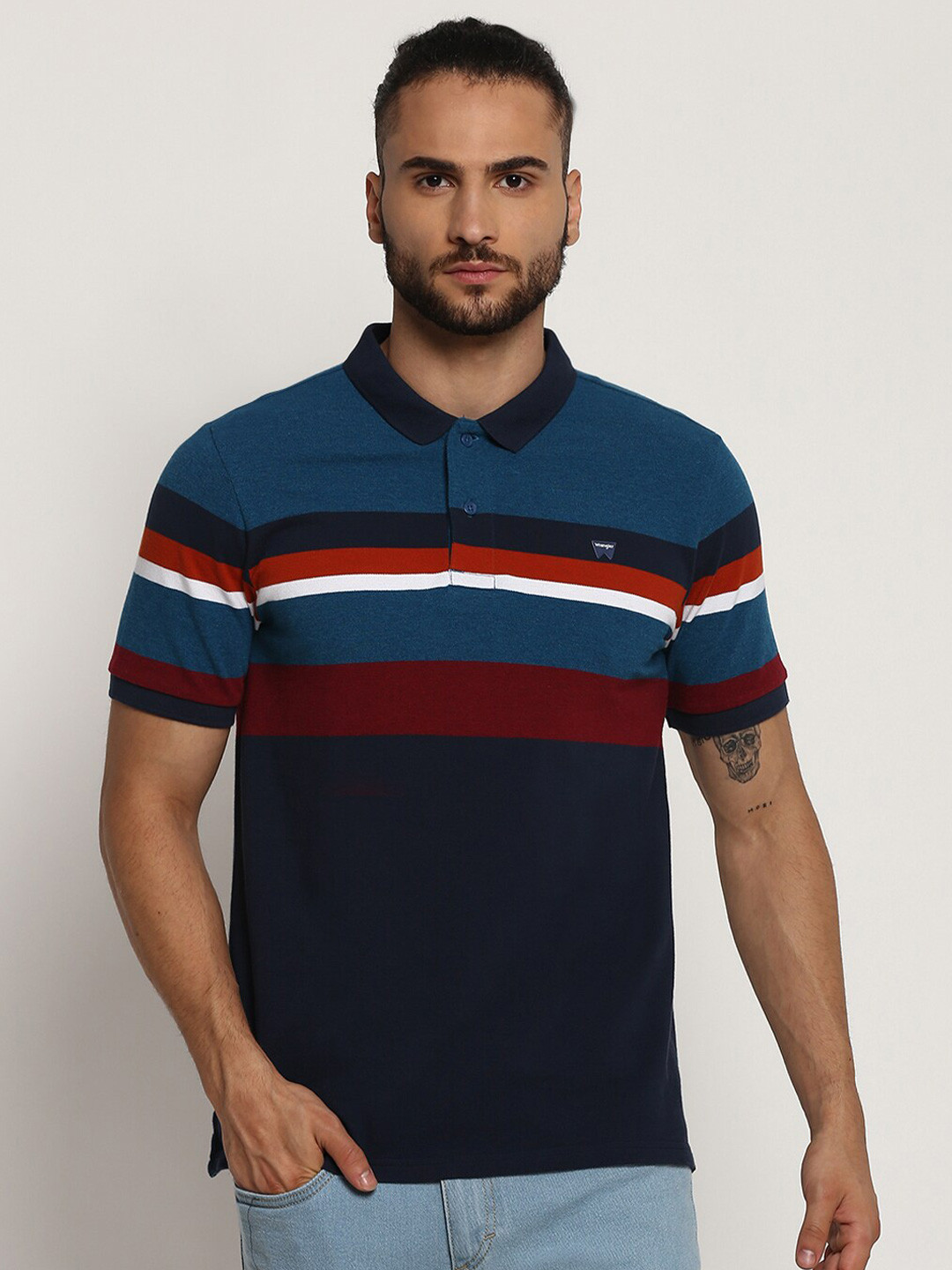 

Wrangler Men Navy Blue & Teal Striped Polo Collar T-shirt