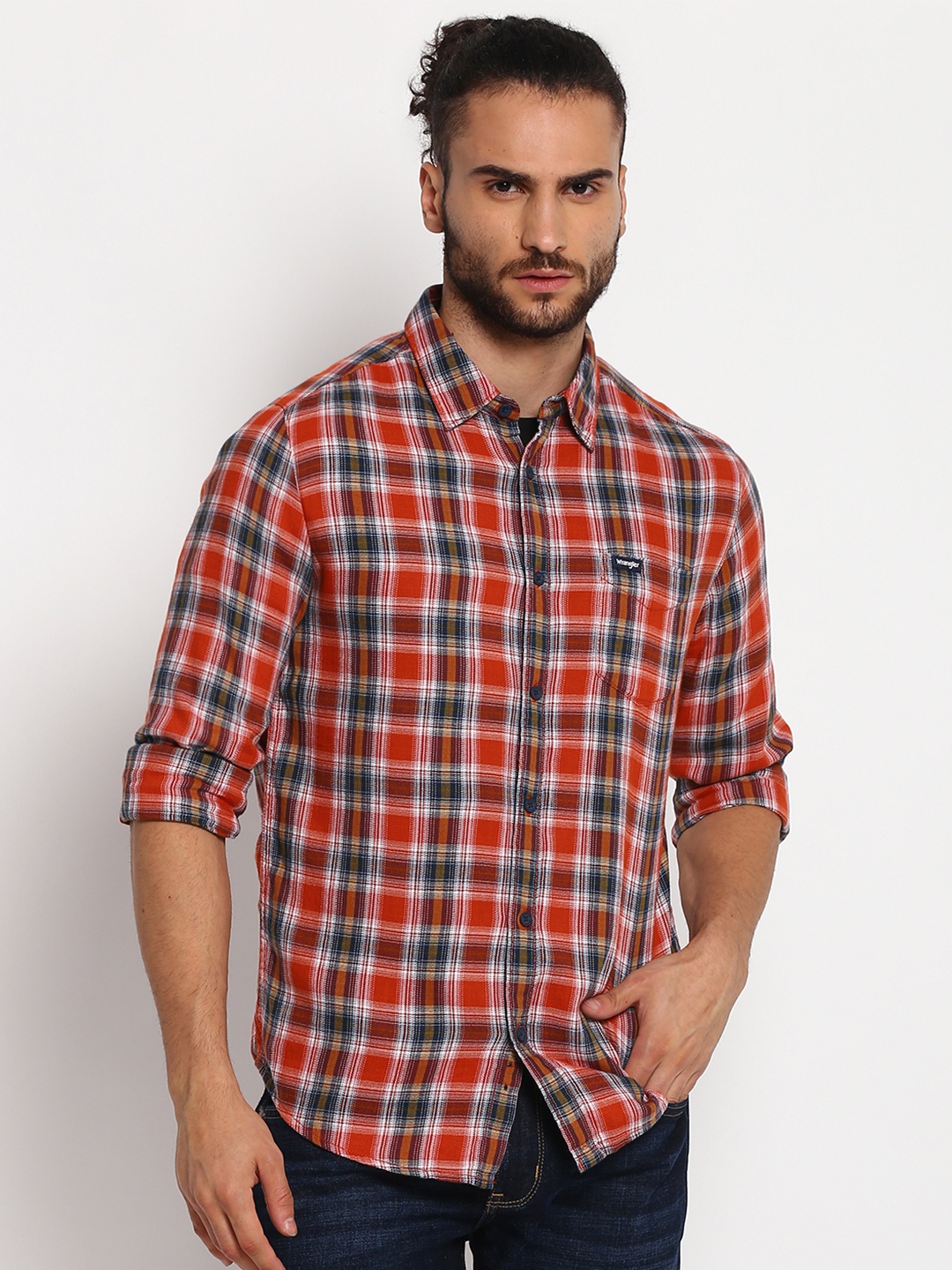 

Wrangler Men Orange Tartan Checks Opaque Checked Casual Shirt