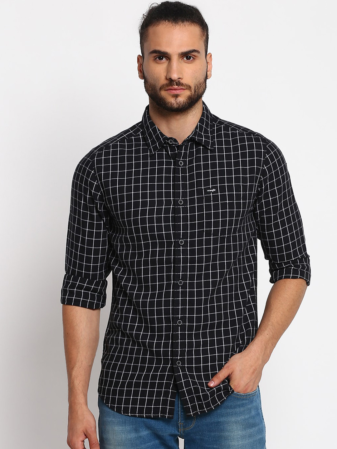 

Wrangler Men Black Slim Fit Opaque Checked Casual Shirt