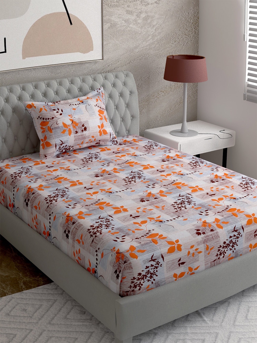 

EverHOME Multi Printed 144 TC Single Bedsheet with 1 Pillow Covers, Orange