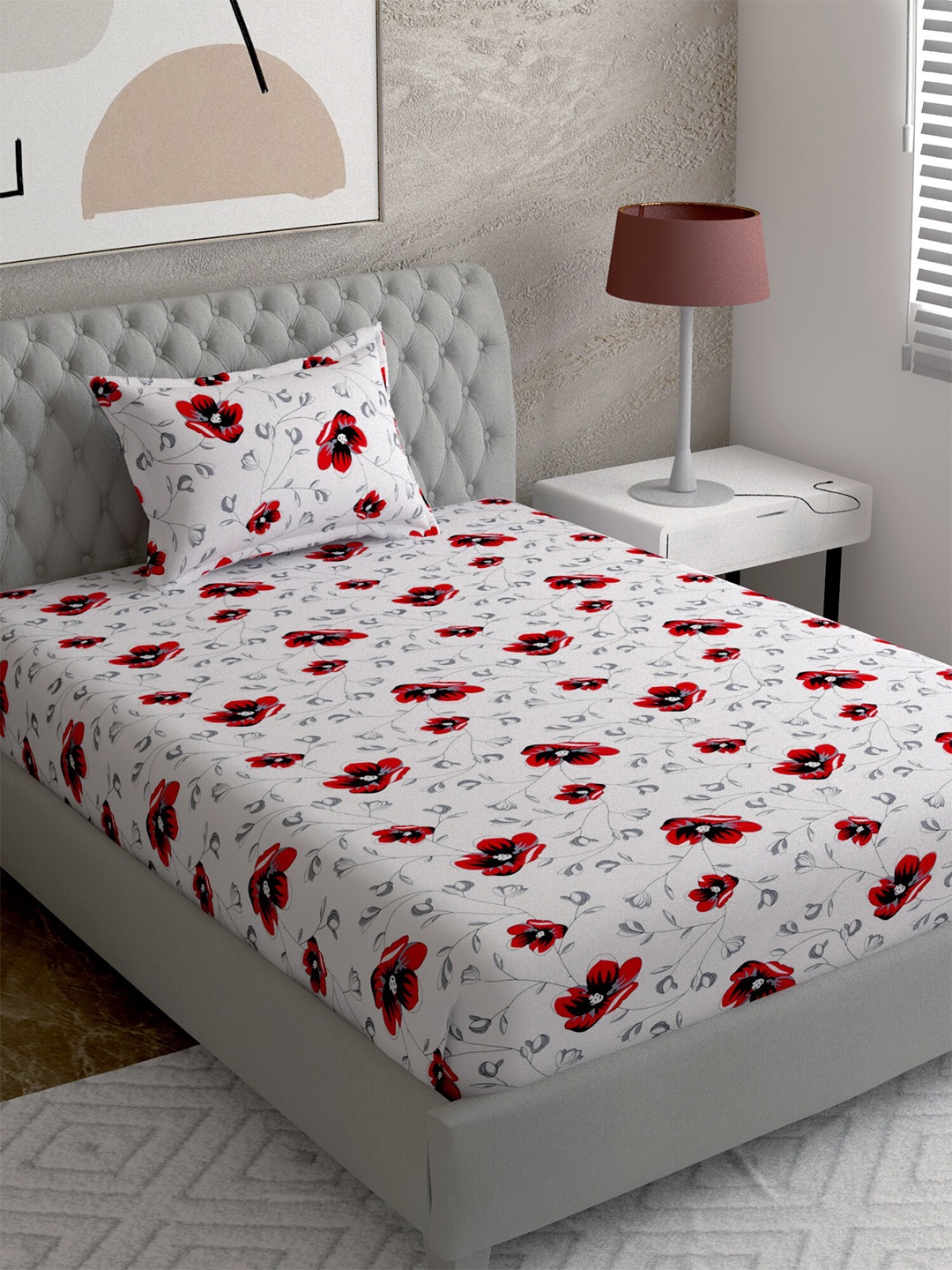 

EverHOME Multi Printed 144 TC Single Bedsheet with 1 Pillow Covers, White