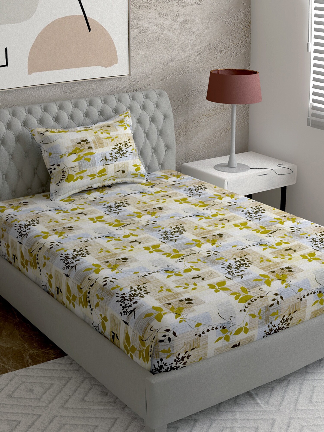 

EverHOME Multi Printed 144 TC Single Bedsheet with 1 Pillow Covers, Mustard