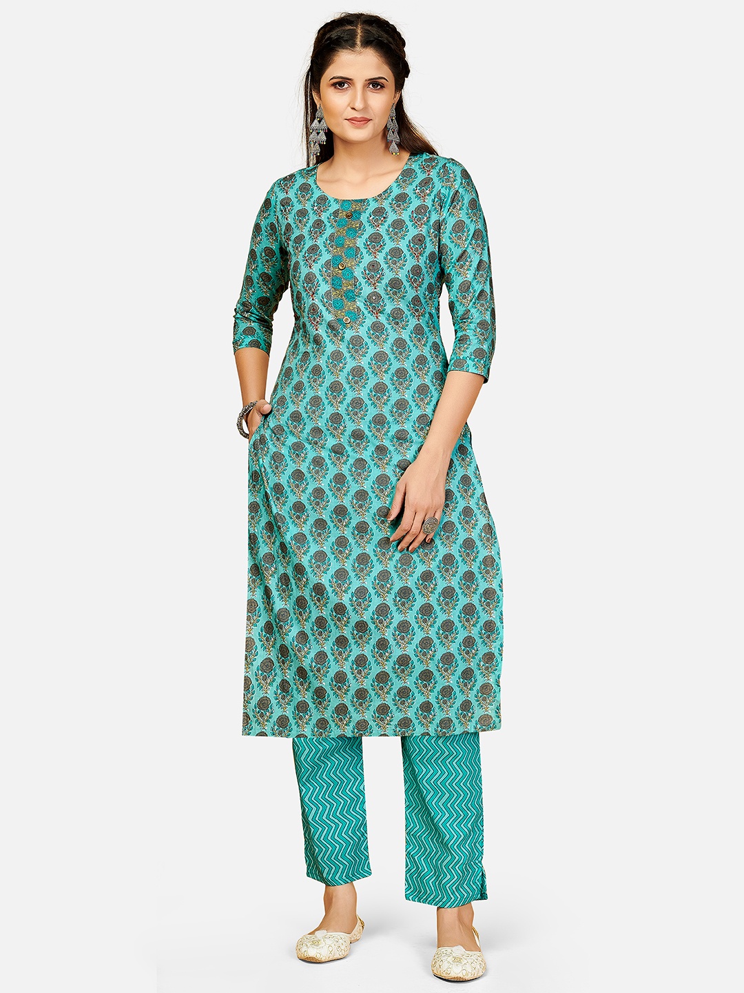 

Vbuyz Women Turquoise Blue & Brown Floral Printed Regular Pure Cotton Kurta With Trousers