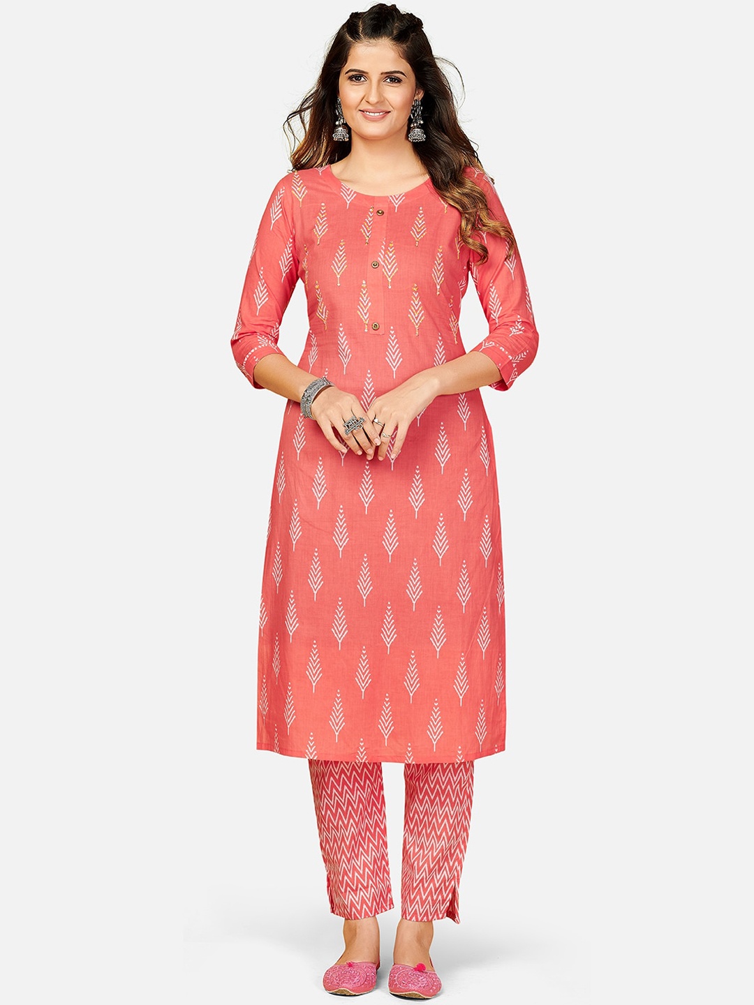 

Vbuyz Women Coral Ethnic Motifs Printed Regular Pure Cotton Kurta with Trousers