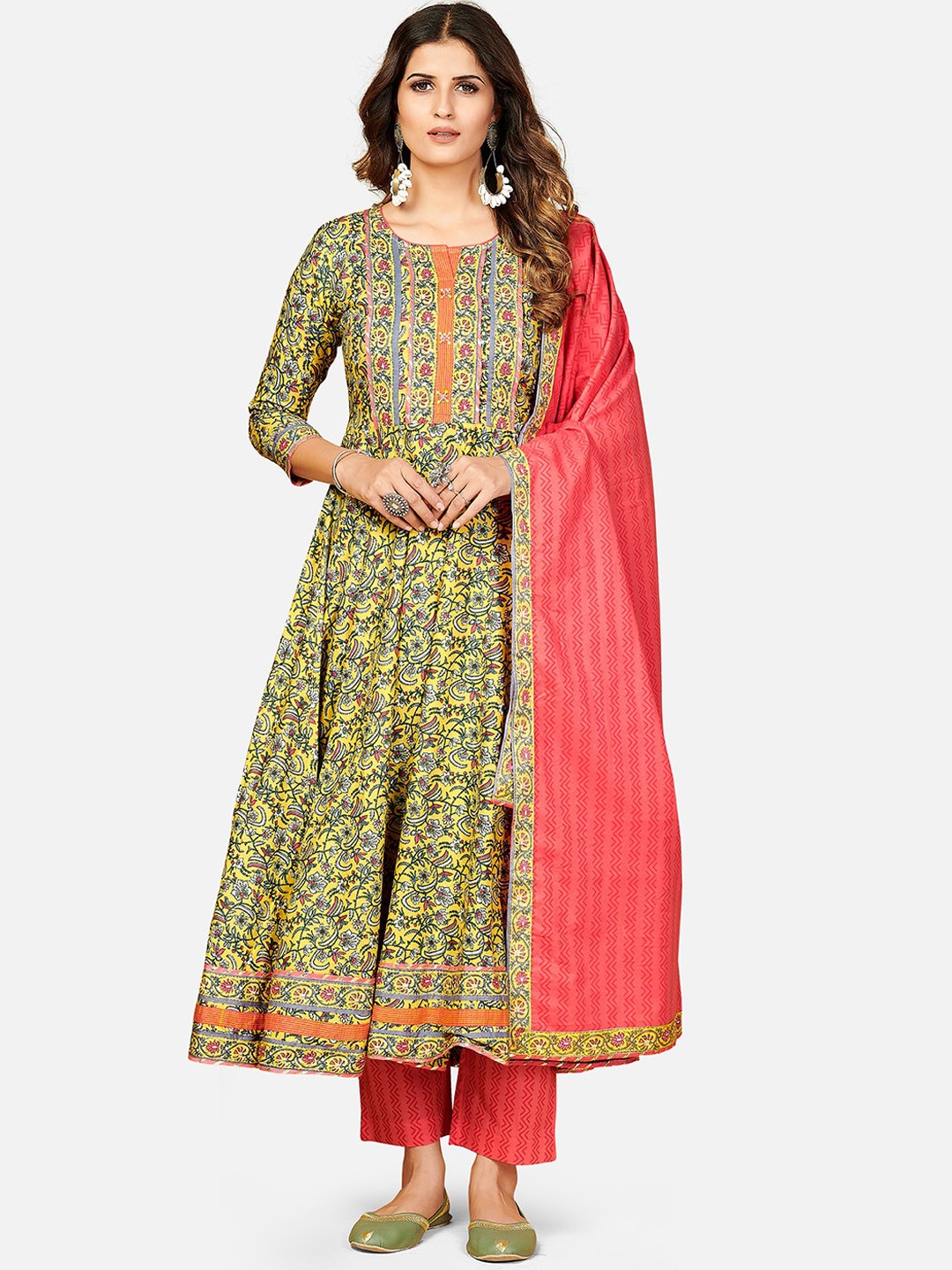 

Vbuyz Women Yellow Floral Printed Pure Cotton Anarkali Kurta with Trousers & With Dupatta