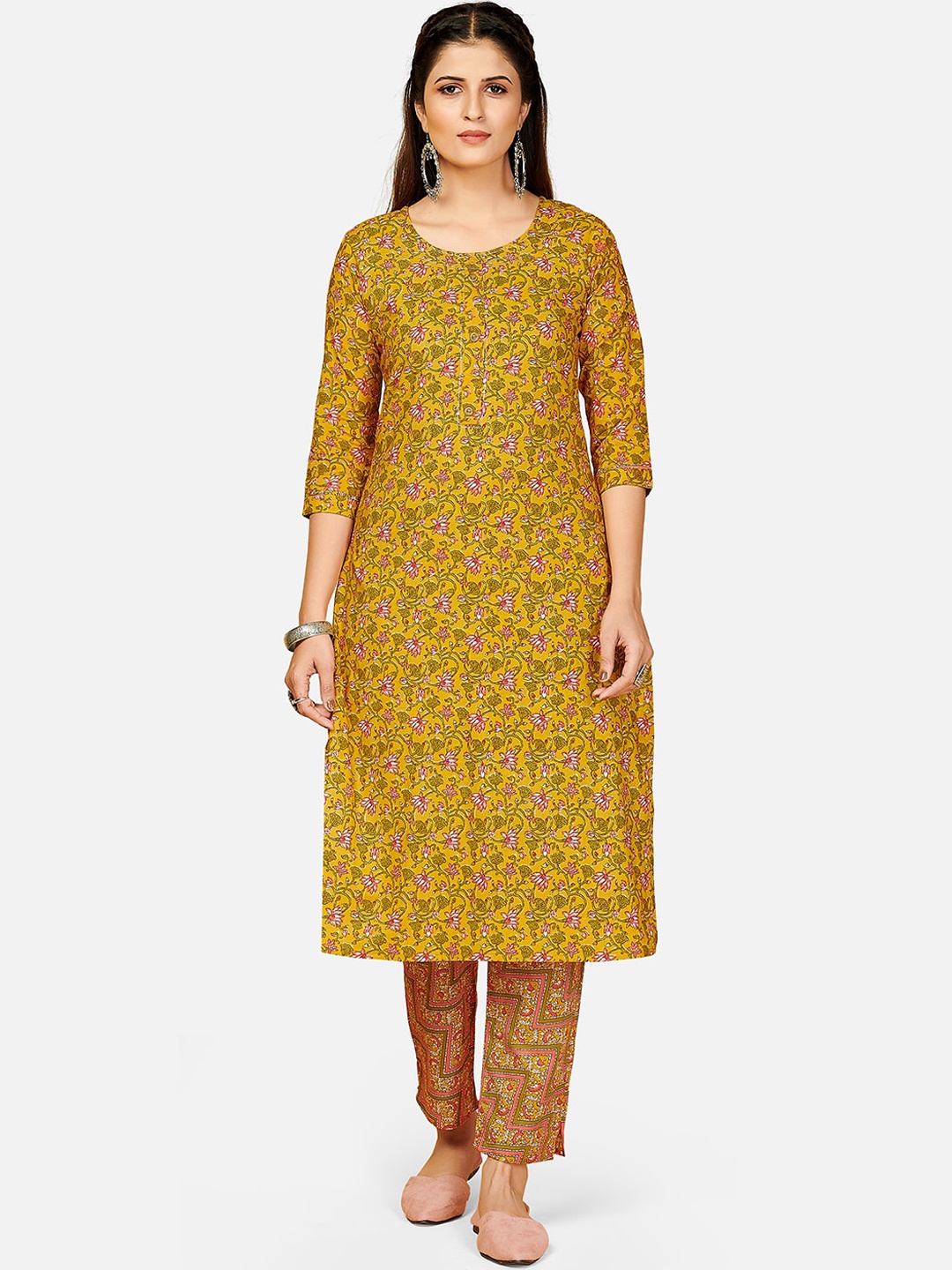 

Vbuyz Women Yellow Ethnic Motifs Printed Pure Cotton Kurta with Trousers