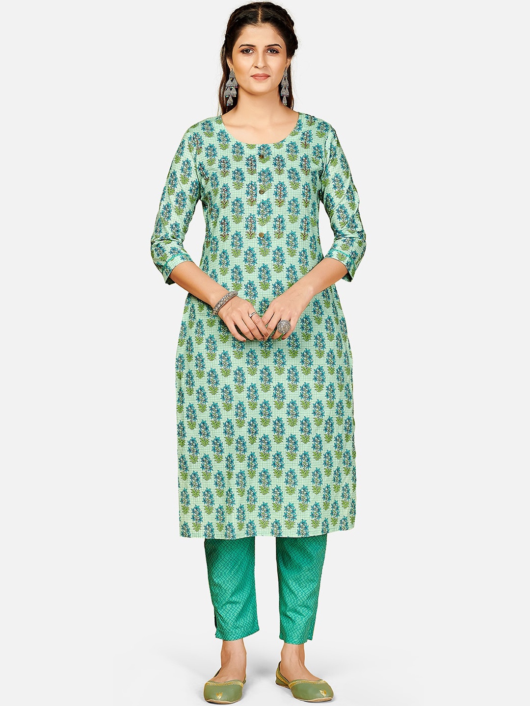 

Vbuyz Women Turquoise Blue Ethnic Motifs Printed Cotton Kurta with Trousers