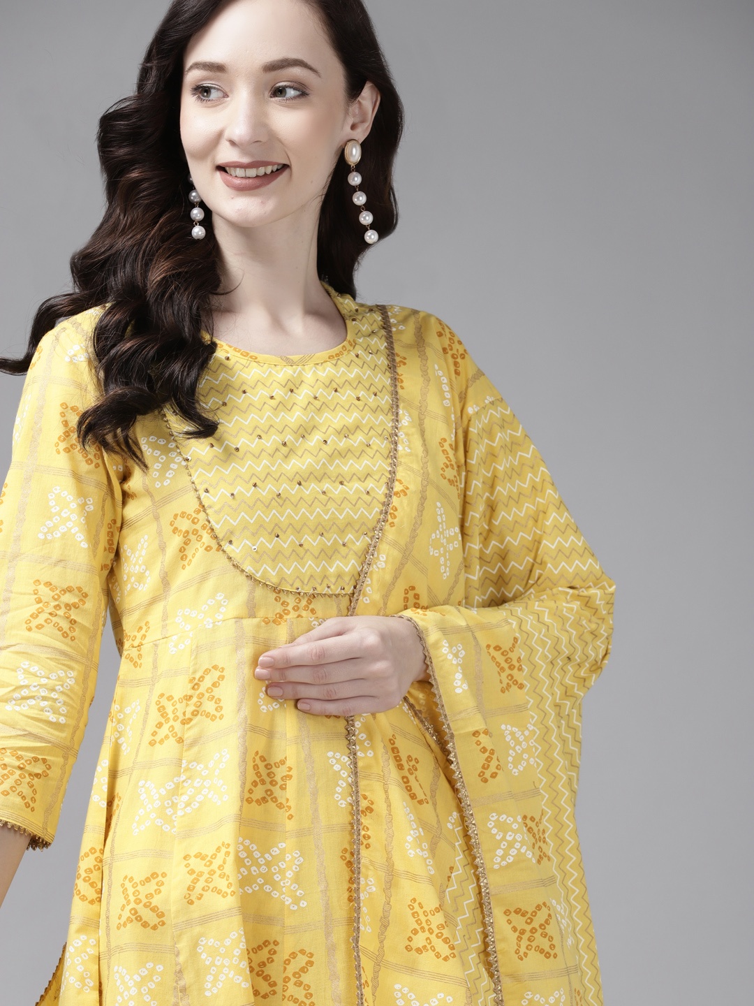 

Indo Era Women Yellow Ethnic Motifs Printed Regular Kurta with Trousers & With Dupatta